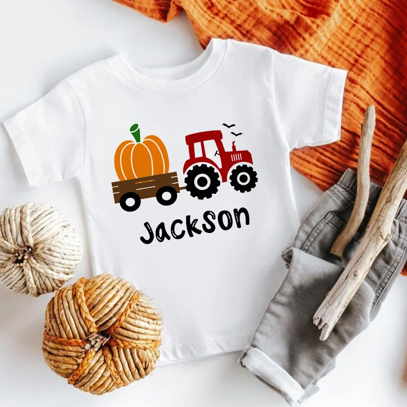 

Pumpkin Wagon Boy Fall Halloween Shirt Personalized Custom Name Kids T-shirt Truck Clothes Halloween Thanksgiving Toddler Outfit
