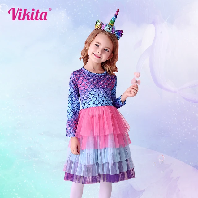 VIKITA Kids Tutu Dress for Girls Long Sleeve Party Prom Vestidos Toddlers Mermaid Unicorn Dresses Kids Princess Autumn Dress 1