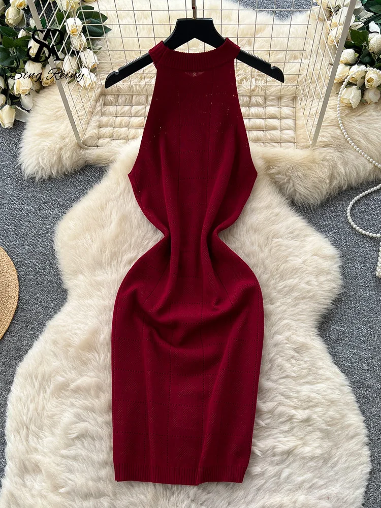SINGREINY Sleeveless Workwear Knitting Dress Fashion Halter Metal Button Plaid Casual Classy Summer Bodycon Elastic Ladies Dress 6