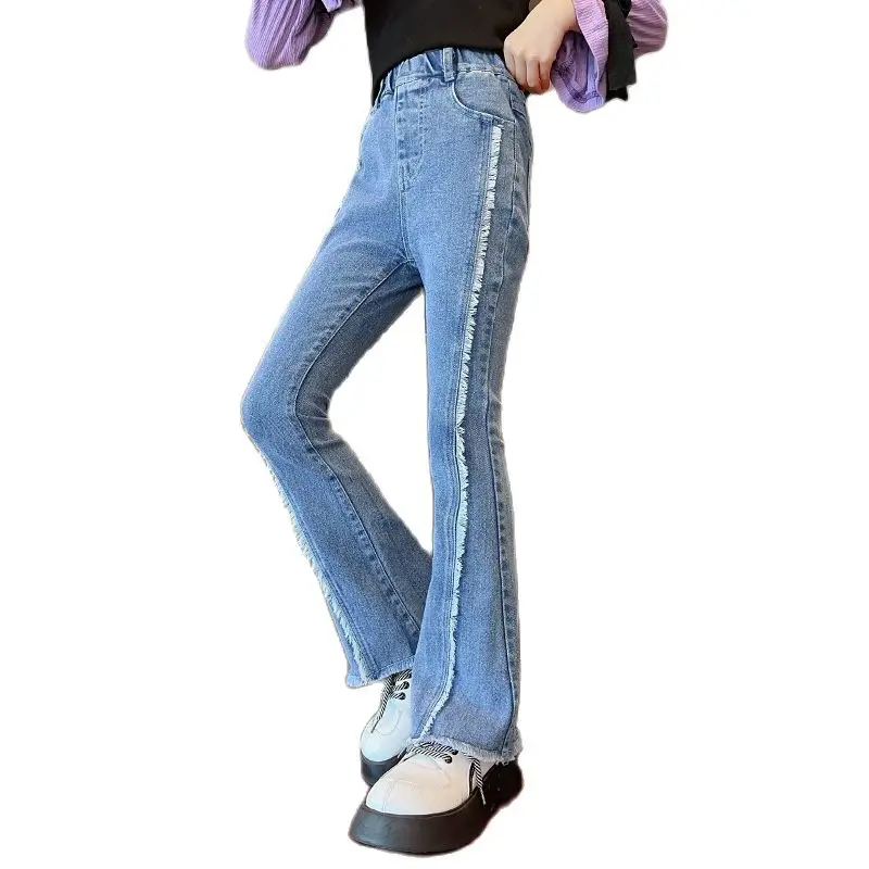 

Fashion Young Children Jeans Teenage Girl's Spring Summer New Flared Denim Pants Trendy Kids Casual Tassel Baggy Trousers 13 15Y