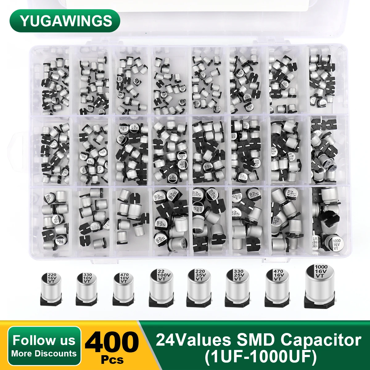 

400Pcs Yugawings SMD Electrolytic Capacitor Assorted Kit 24Values 1uF-1000uF 2.2uF 4.7uF 10uF 22uF 47uF 100uF 220uF 330uF 470uF