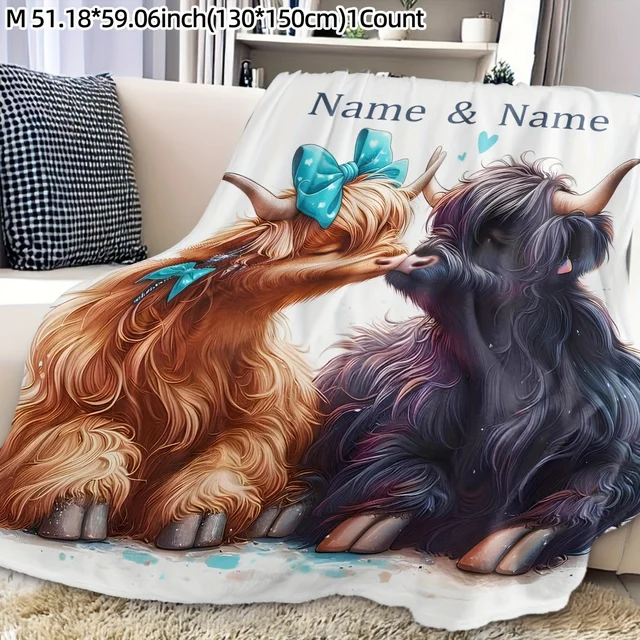 Customized name highland cow blanket personalized text, comfortable flannel blanket suitable for all seasons 6