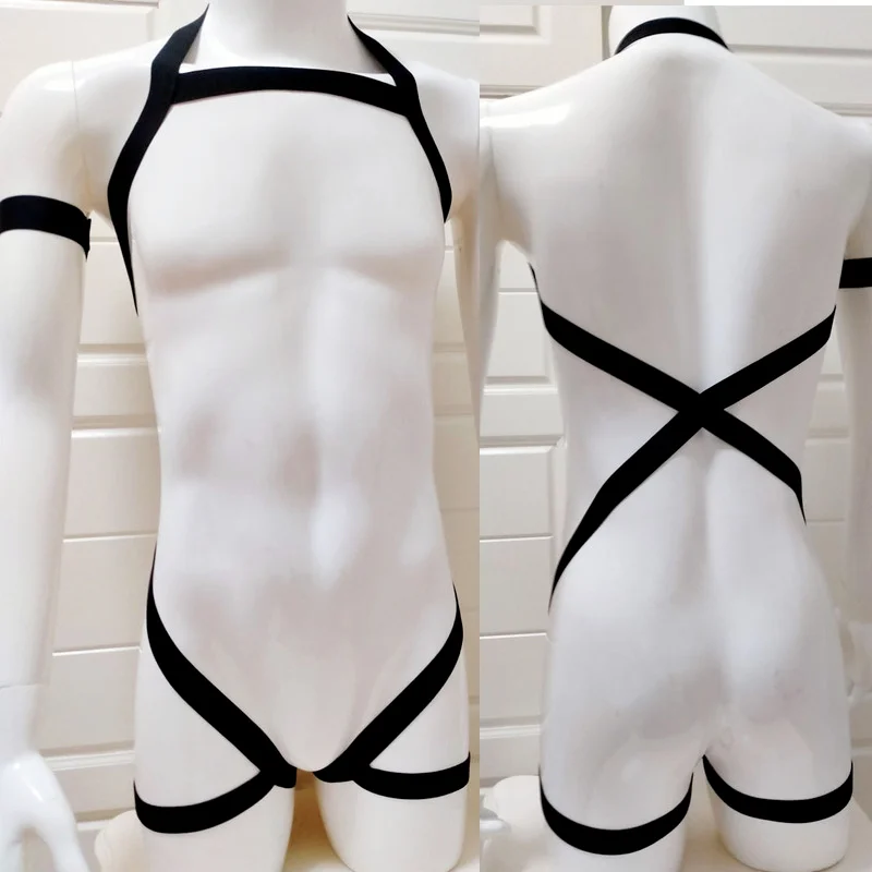 Sexy Mens Harness Set Elastic Halter Chest Body Straps Hollow Out Lingerie Bondage Belts Fetish Arm Wrist Band