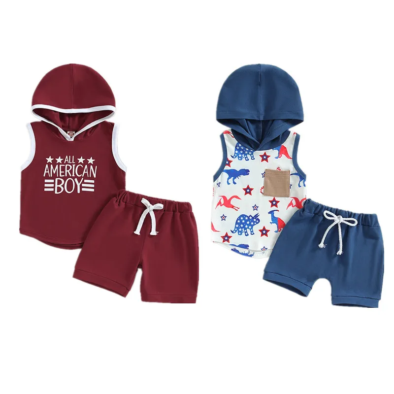 

Toddler Infant Baby Boys 2Pcs Outfits Sleeveless Hooded Letters Print Tops + Drawstring Shorts Set