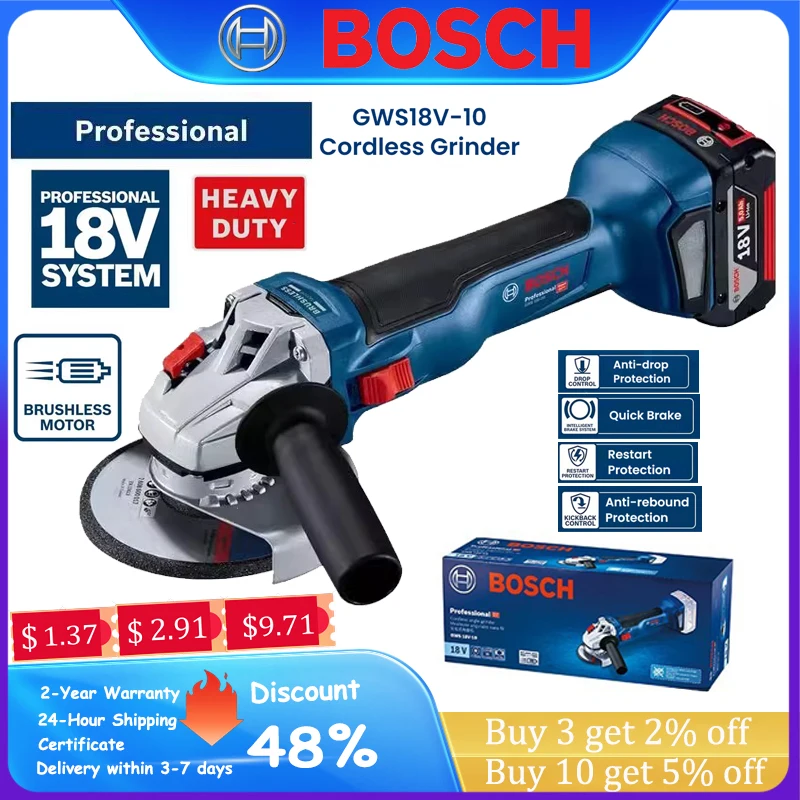 

Bosch GWS18V-10 Electric Angle Grinder 1000W Brushless Motor 100mm/125mm Disc Metal Polishing Cutting Machine Cordless Grinder
