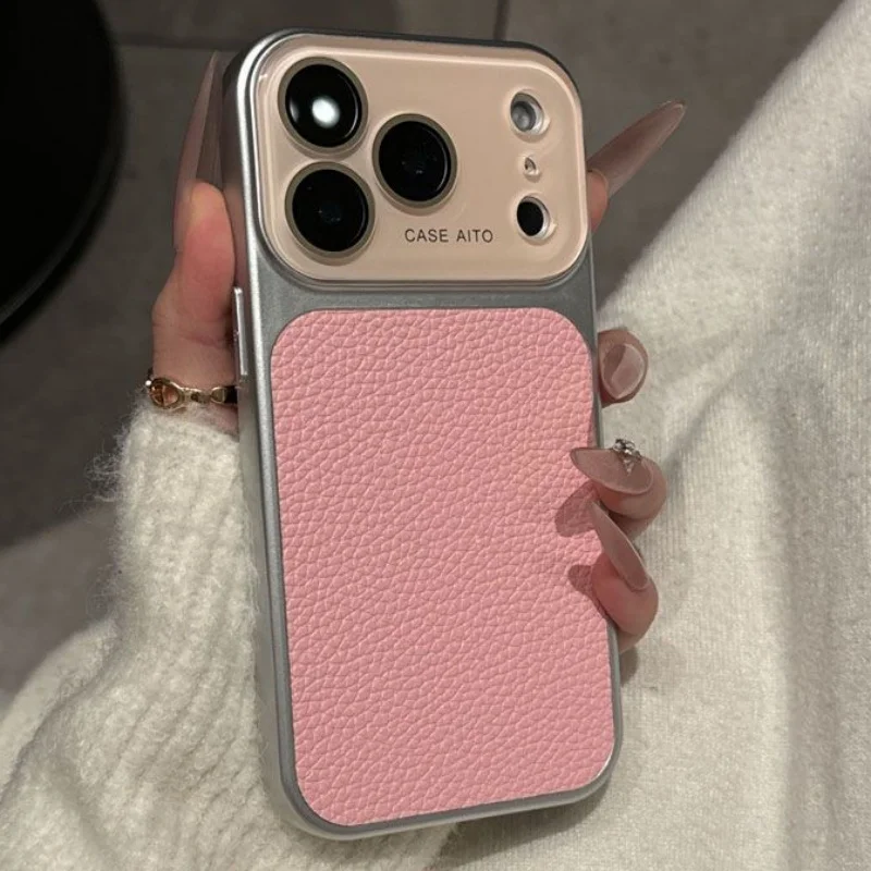 Deluxe Lychee Leather Textured Phone Case with Lens Protection and Shockproof Bumper
