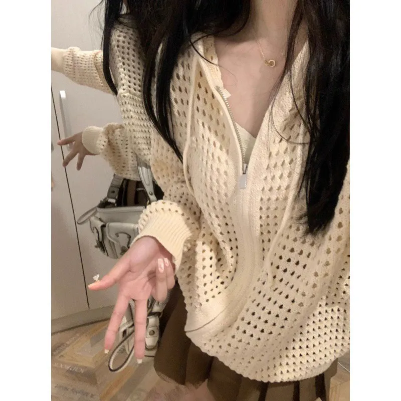 Off-white cut-out design hooded over thin spring and summer lazy sweatshirt zipper knit cardigan top for women