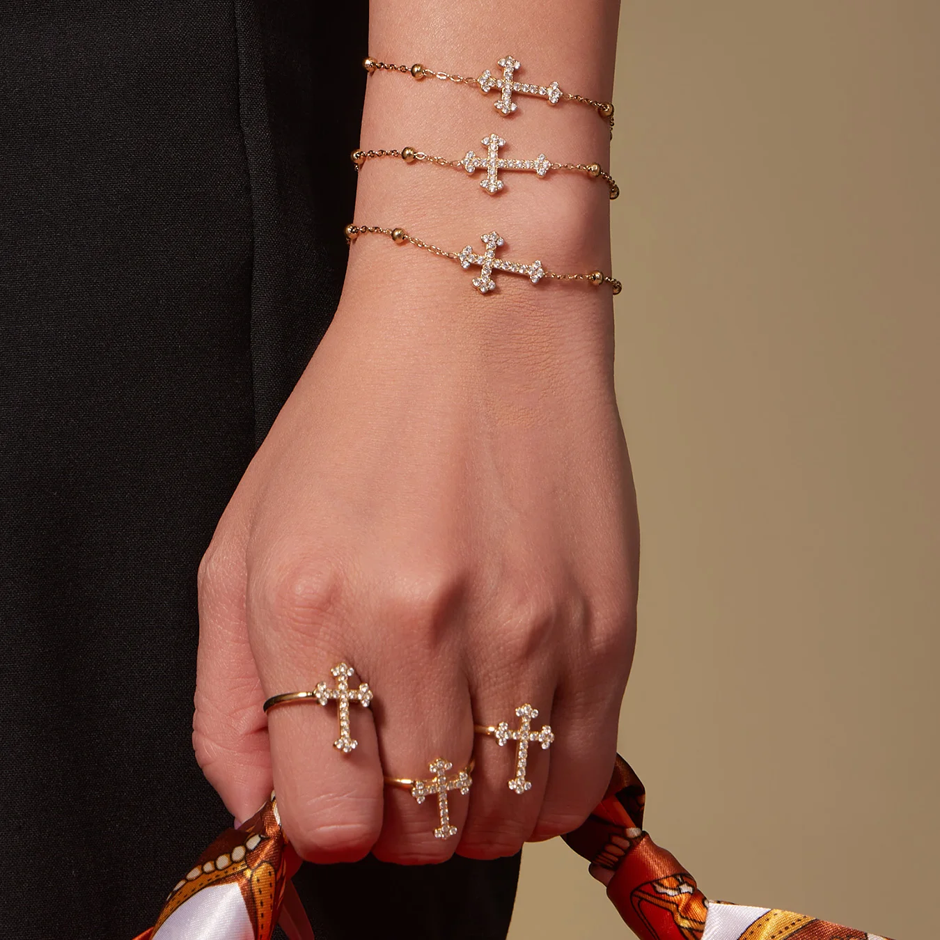 316 Edelstahl vergoldet glänzender Zirkon Kreuz Anhänger Halskette Armband Tropfen Ohrringe Ring Damen Vintage-Schmuckset – Detail 10