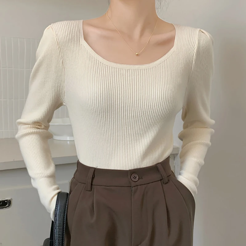 

Crop Knitted Top Women T Shirt Autumn Clothes 2023 White Tee Shirt Femme Camisetas De Mujer Korean Style Casual T-Shirts Woman