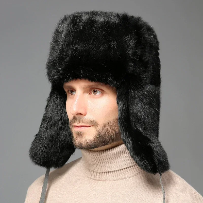 

Russian Fur Bomber Hat Men Winter Hats with Earmuffs Trapper Earflap Cap Man Thick Faux Rabbit Fur Ushanka Cap