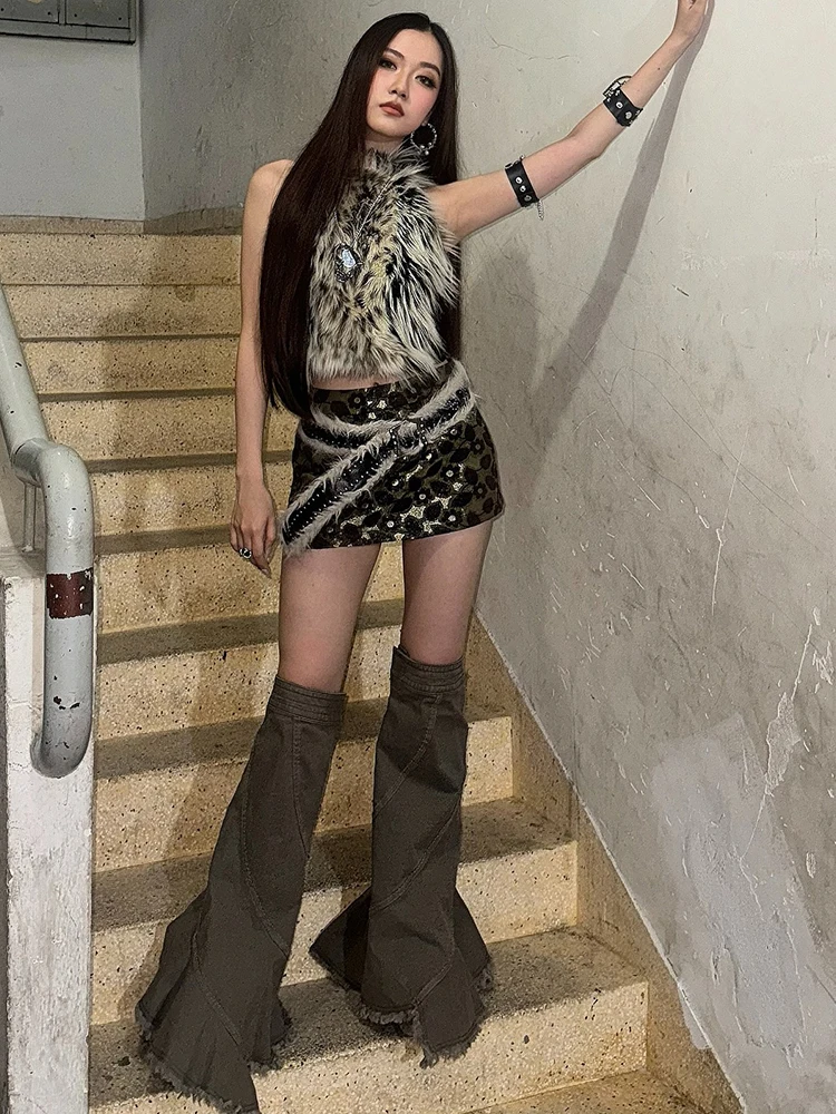 Nibber Hottie Leopard Tassel Tank Tops Women Sexy Furry Patchwork Halter Sleeveless Stretch Coquette Midnight Party Clubwear