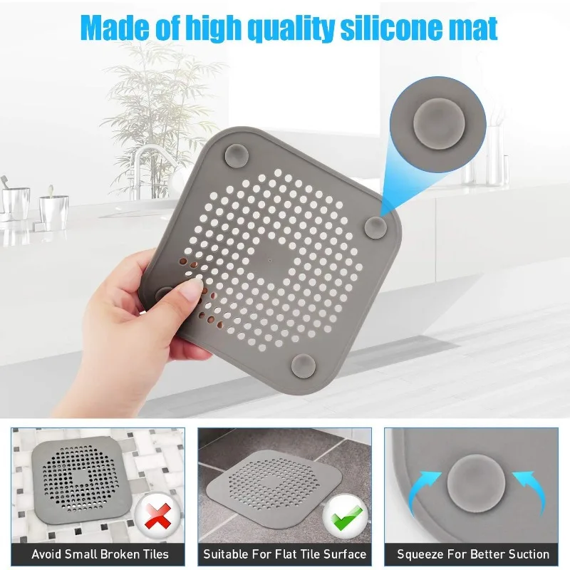 Drain Cover Shower Drain Hair Catcher Flat Silicone Plug Bathroom Kitchen Square Filter Shower Protection Sink Strainer