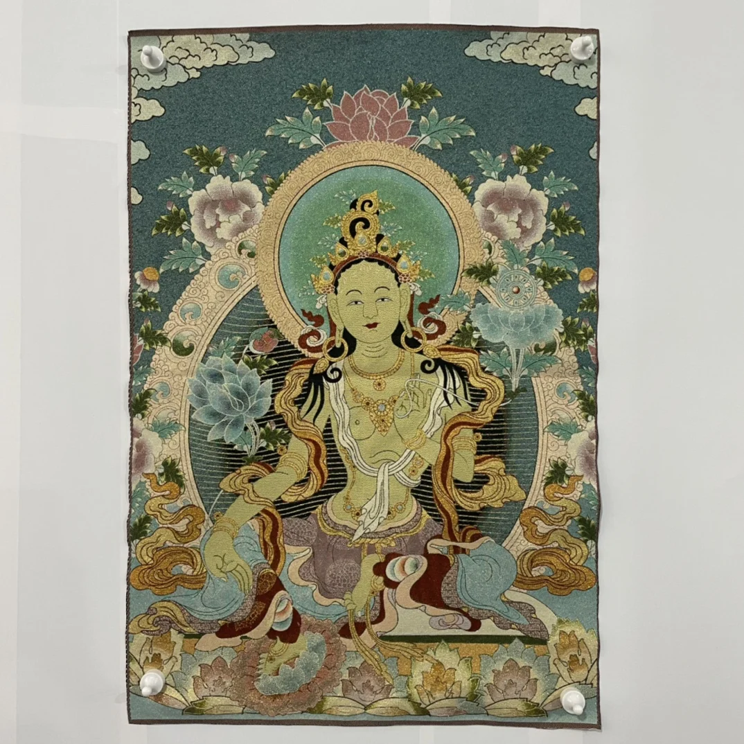 

35"Thangka Embroidery Tibetan Buddhism silk Embroidery White Tara Sitting Buddha Thangka Worship Hall Town house hanging screen