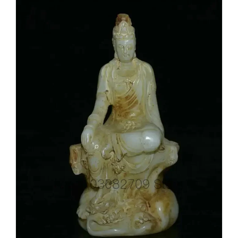 

6.2" Old Chinese White Jade Carved Feng Shui Guanyin Goddess Seat Sculpture