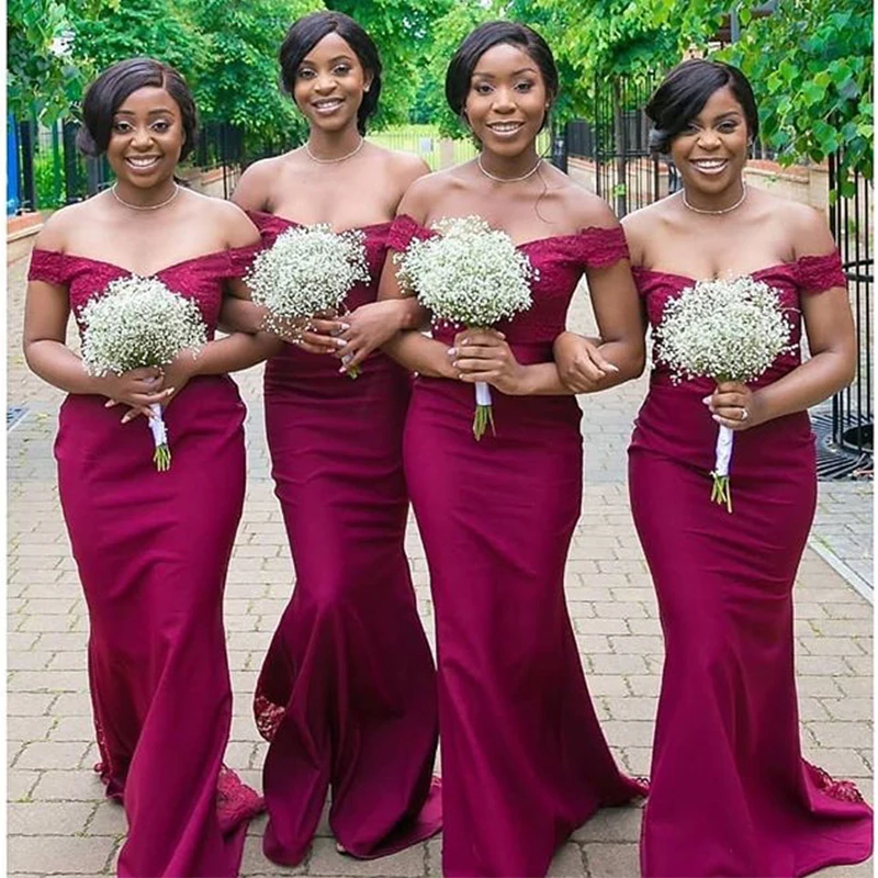 

Off Shoulder Elegant Burgundy Bridesmaid Dresses Mermaid Style Appliques Long Crepe Women Party Gowns Robe De Soiree