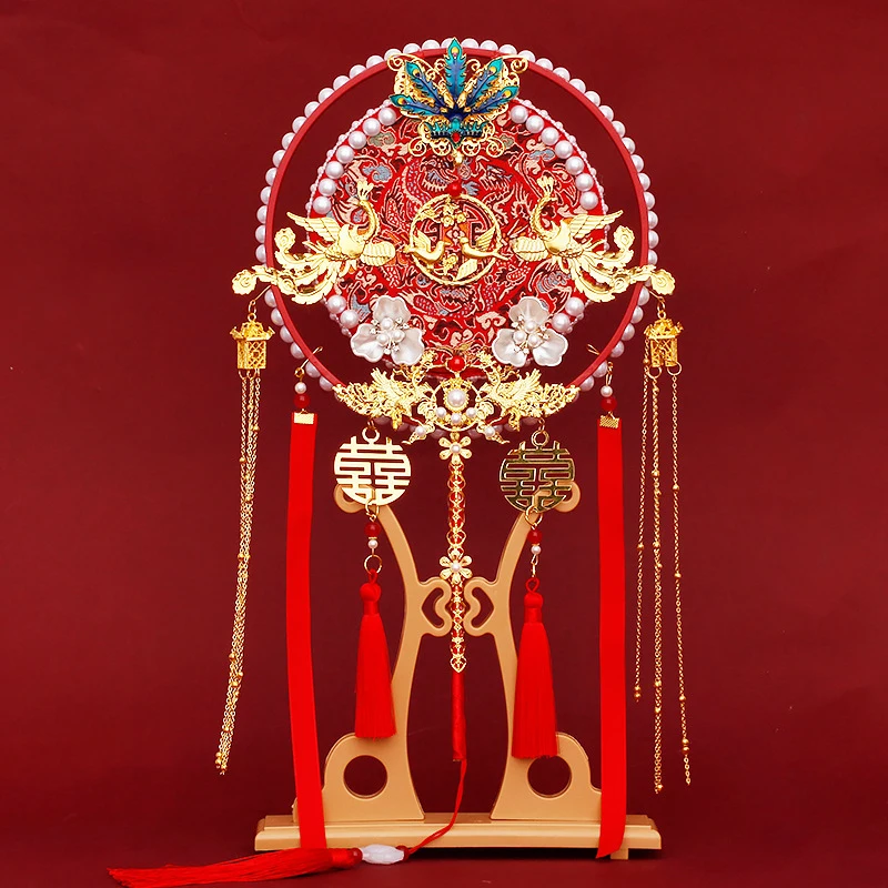 

Chinese Wedding Fan with Long Handle Personalized Hand Fan Wedding Decoration Personalized Bride Ideas Double Circle Fan