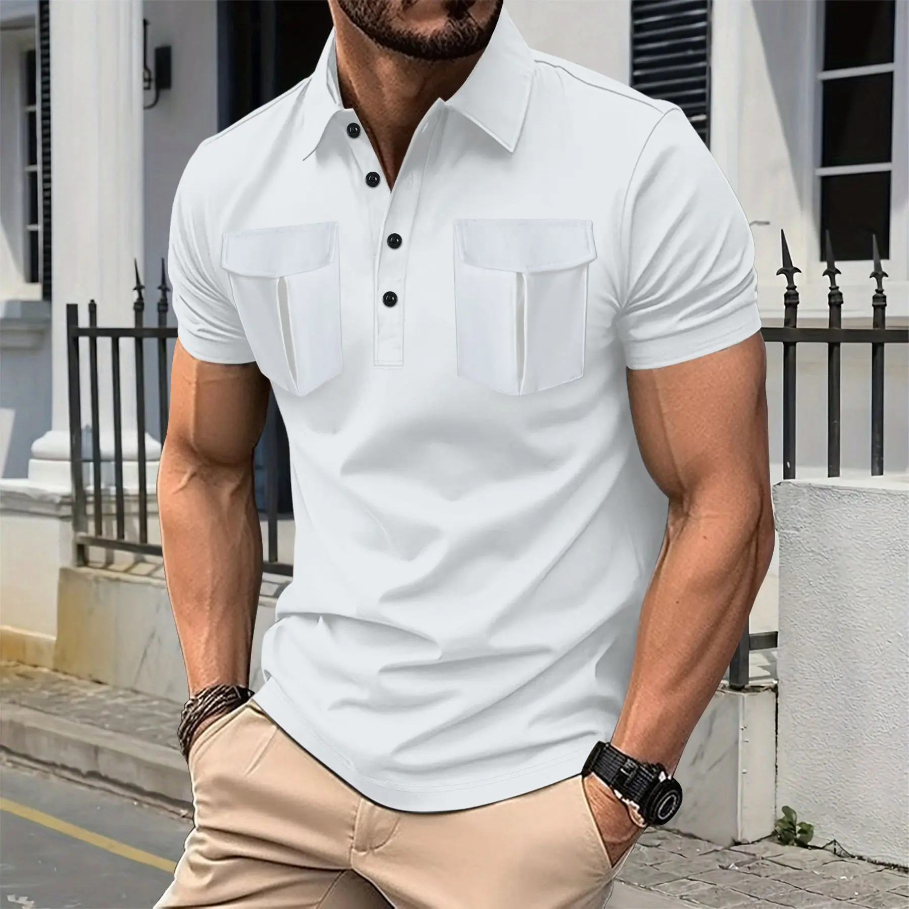 2025 Men's simple new long front button lapel double pocket leisure sports solid color short sleeve fashion comfortable POLO shi 3
