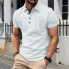 2025 Men's simple new long front button lapel double pocket leisure sports solid color short sleeve fashion comfortable POLO shi 3