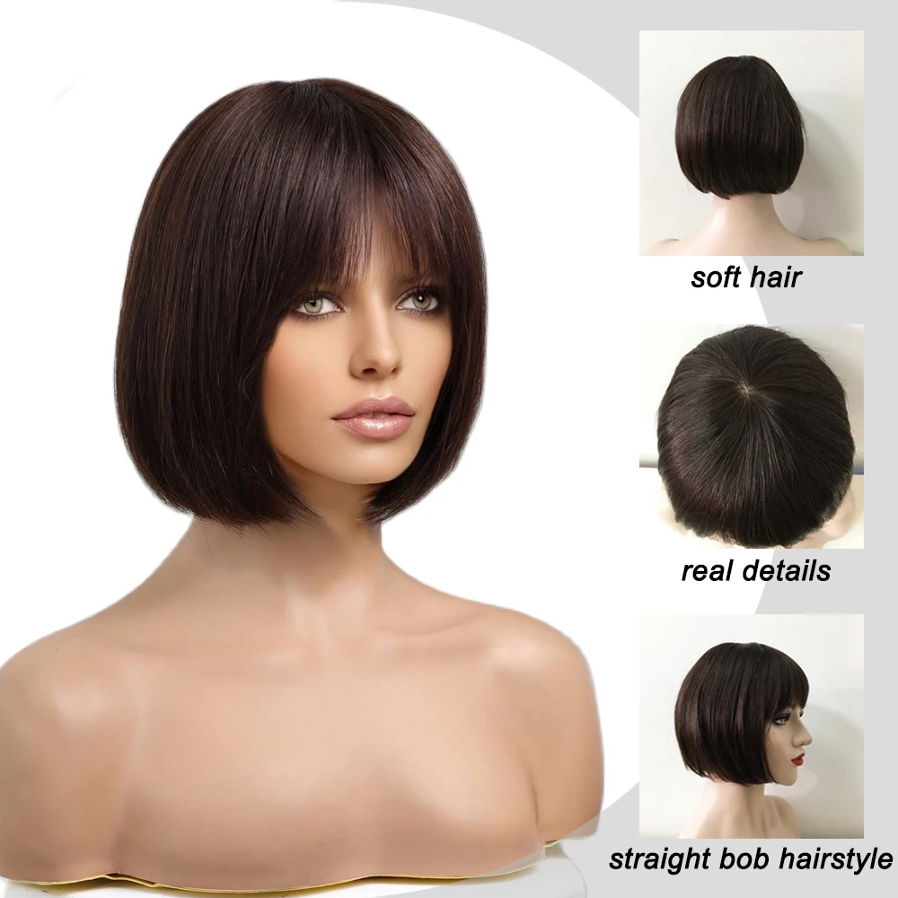 HAIRCUBE-Peluca de cabello humano liso para mujer, con flequillo postizo de pelo Natural, pelo Remy marrón oscuro resistente al calor, hecho a máquina