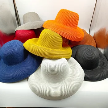 Orange hat 2023 new Hepburn style women's sun hat foldable beach hat big brim travel sunscreen sun hat шляпа соломенная