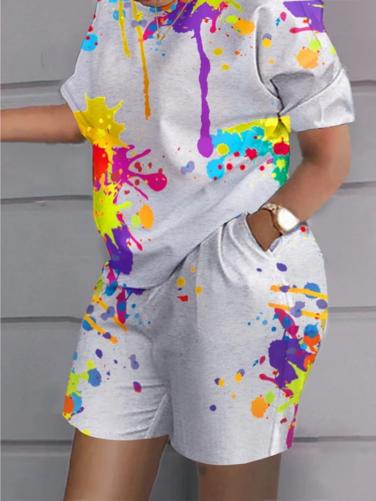 A Lin Summer Outfits for Women 2023 New Ladies Fashion Round Neck Short Sleeve Loose Printed T-Shirt Shorts Casual Sports Sets