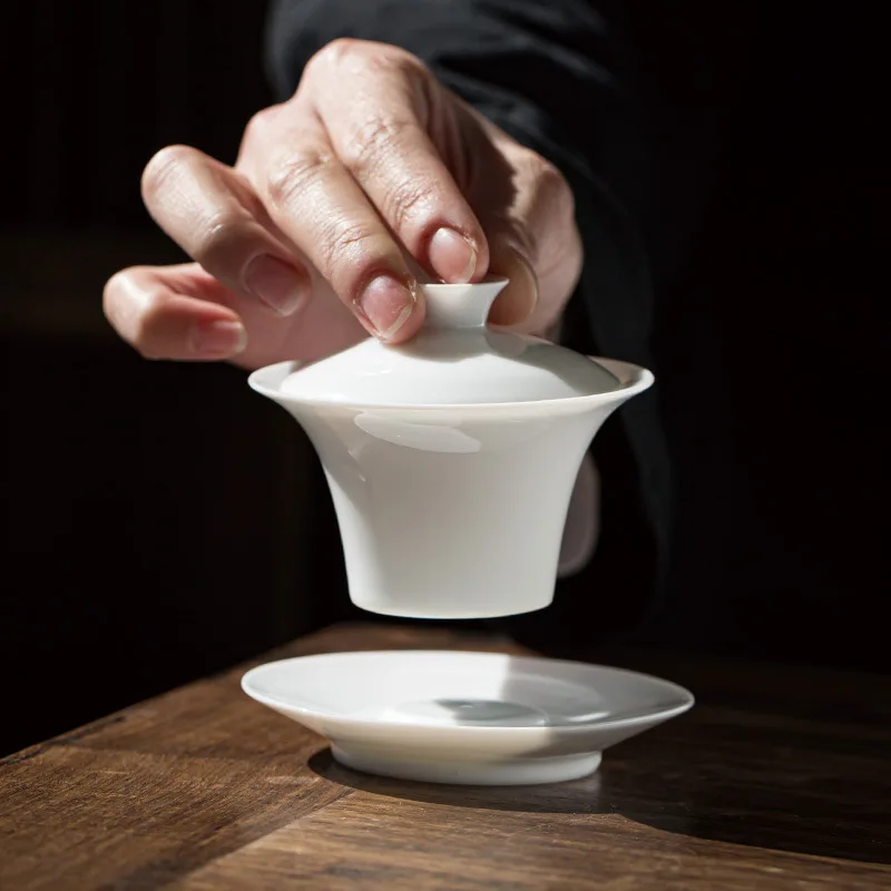 White Ceramic Lidded Bowl Single Kombucha Bowl with Cover Sancai Tea Cup Dehua Ceramic Gaiwan Sweet White Bubble Tea