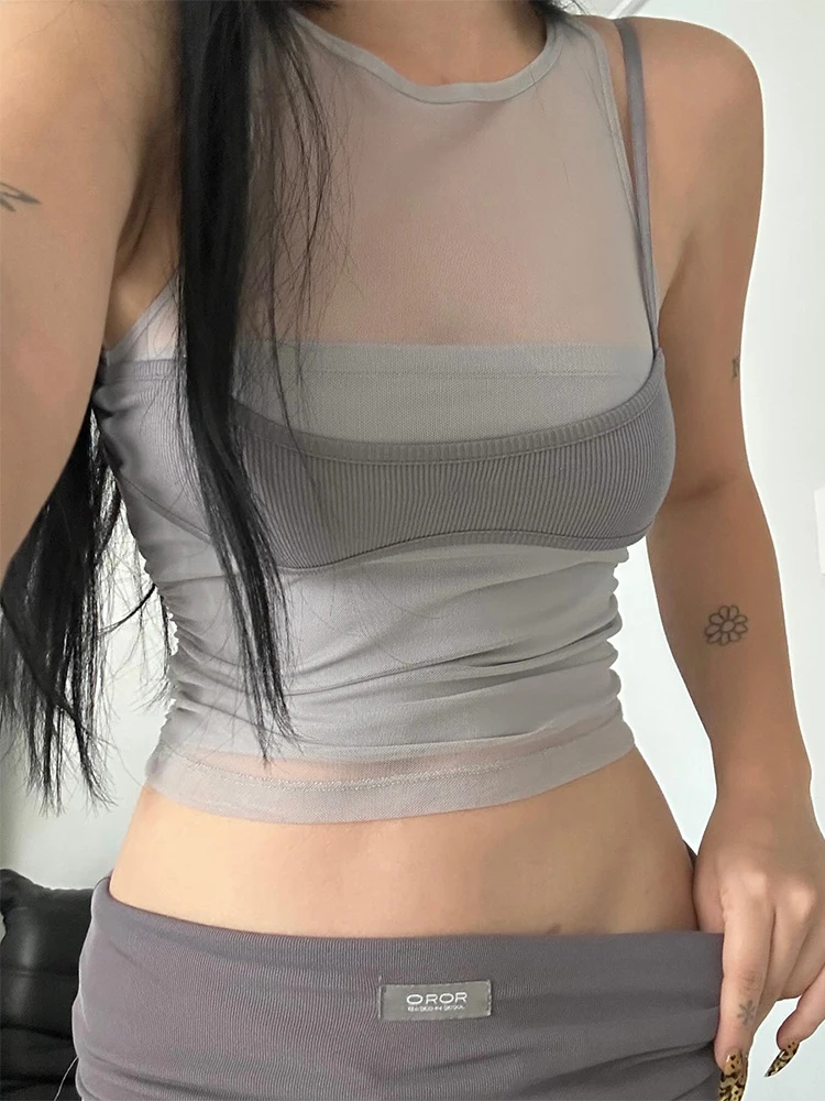Nibber Fashion Tops 2 Piece Set Women Solid Skinny Camisole+Mesh Patchwork o-Neck Vests Street Trend Wild Style Sexy Outfits