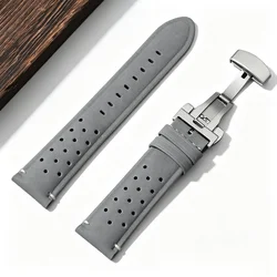Matte Vintage Brown Leather Breathable Porous Watch Straps - Black Buckle (Gray)