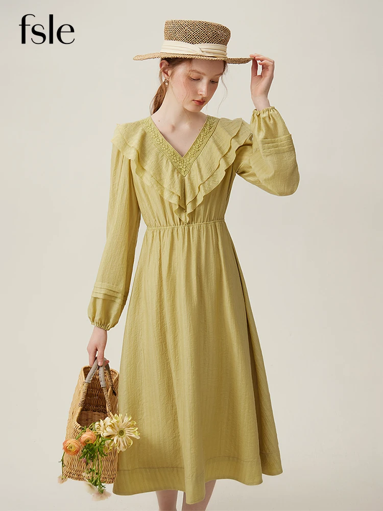 

FSLE Ruffled V-neck Design Female Long Yellow-green Dress Lantern Sleeve Holiday Style Loose Women White Dress 24FS11305