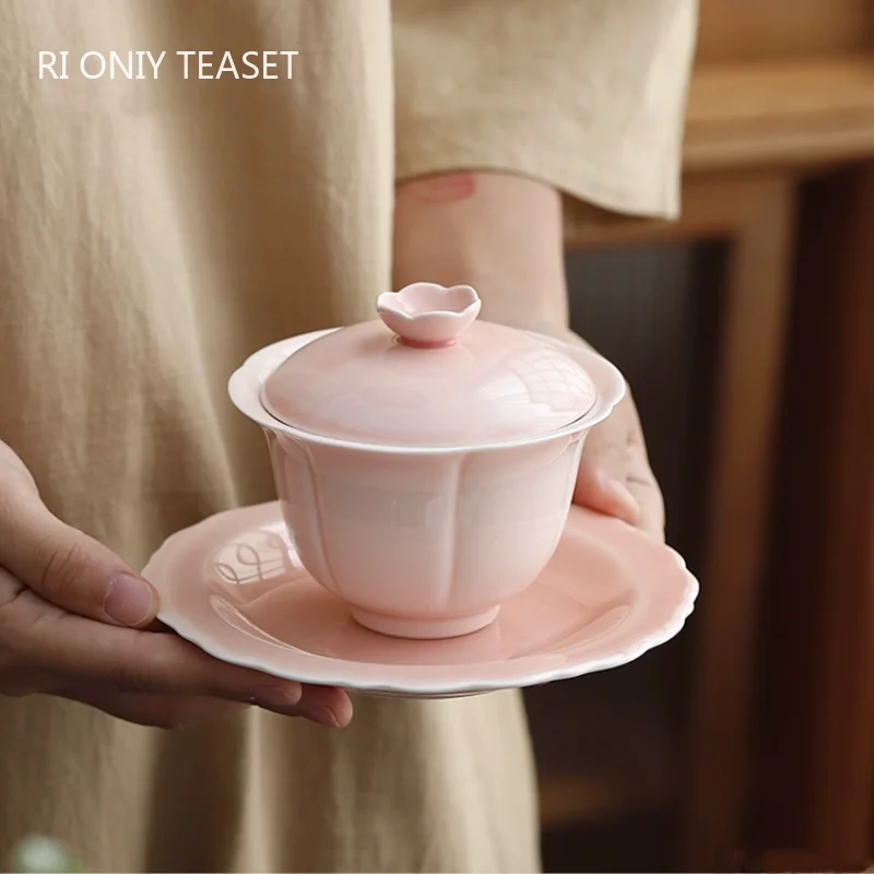 160ml Chinese Cherry Blossom Ceramic Gaiwan Handmade White Porcelain Tea Tureen Teacup Household Tea Bowl Portable Teaware