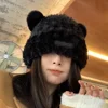 Cute Autumn Winter Bear Plush Ear Protection Knitted Wool Hat Women Large Head Face Small Versatile Cover Head Ear Cap Dacron 4
