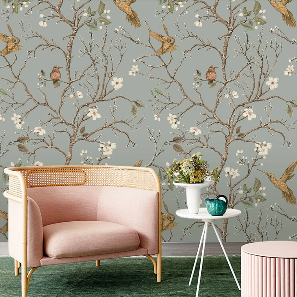 Vintage Self Adhesive Wallpapers Bird Floral Pattern Living Room Background Wall Stickers Furniture Decorative DIY Home Decor