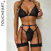 Toucheart 3 pièces ensemble vêtements de nuit costume Lingerie Sexy femmes mince Transparent dentelle soutien-gorge ensemble voir à travers femme sous-vêtements érotiques nouveau 2