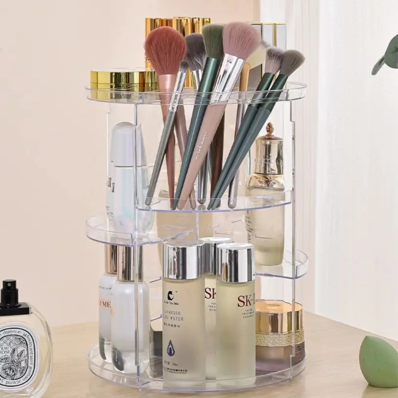 360 degree rotating transparent cosmetic storage box, desktop dressing table, skincare products, lipstick brushes, storage rack 4