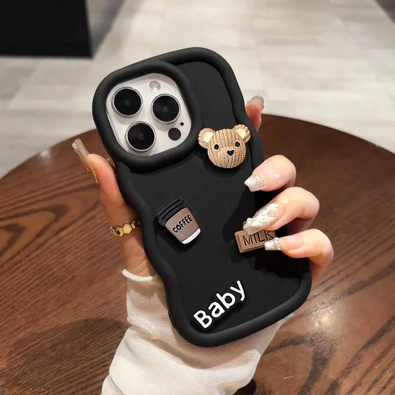 3D Cartoon Coffee Bear Wavy Phone Case