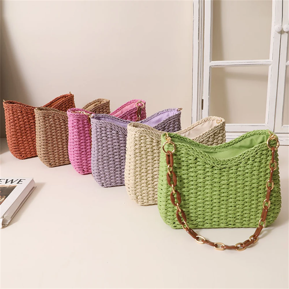 

Bohemian Handmade Straw Shopping Bags Summer Square Woven Tote Bag Women's Chain Underarm Bag High-capacity Handbags Bolsas