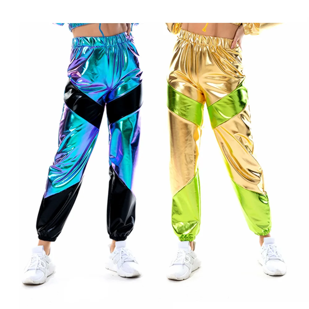 Street Style Women Reflective Long Pants with Pockets High Waist Loose Holographic Patchwork Trousers Club Dance Pants Clubwear y2k punk waist belly chain belt for women men for street dance prom hip hop pu belt jean waistband rock and roll