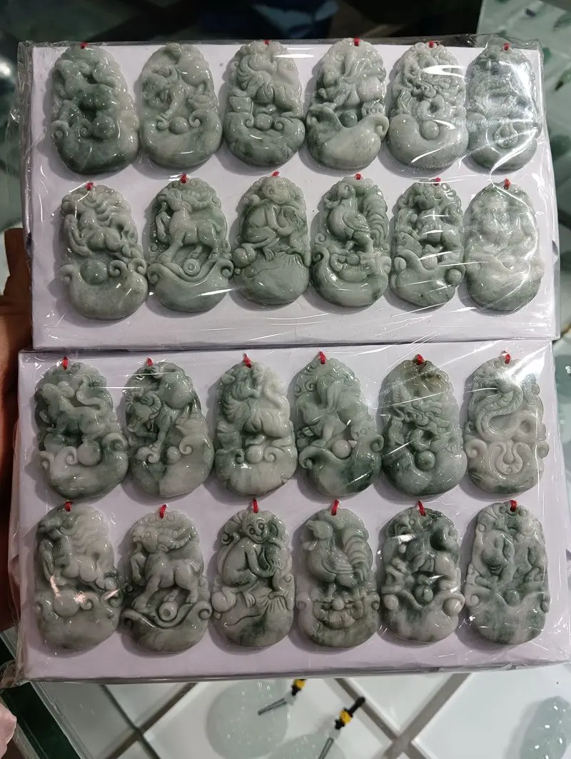 

12 Piece Set Nature Burma Emerald Jade Pendant Rabbit Dog Dragon OX Mouse Amulet Chinese Zodiac YearsHanging Talisman
