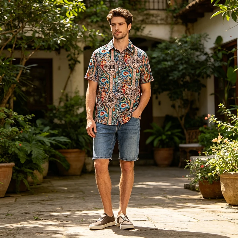 Herren Vintage Paisley-Print Kurzarm-Hemd Ethnisches Blumenmuster Button-Down Hawaiihemd Sommer Dünnes Strand-Freizeithemd – Detail 2