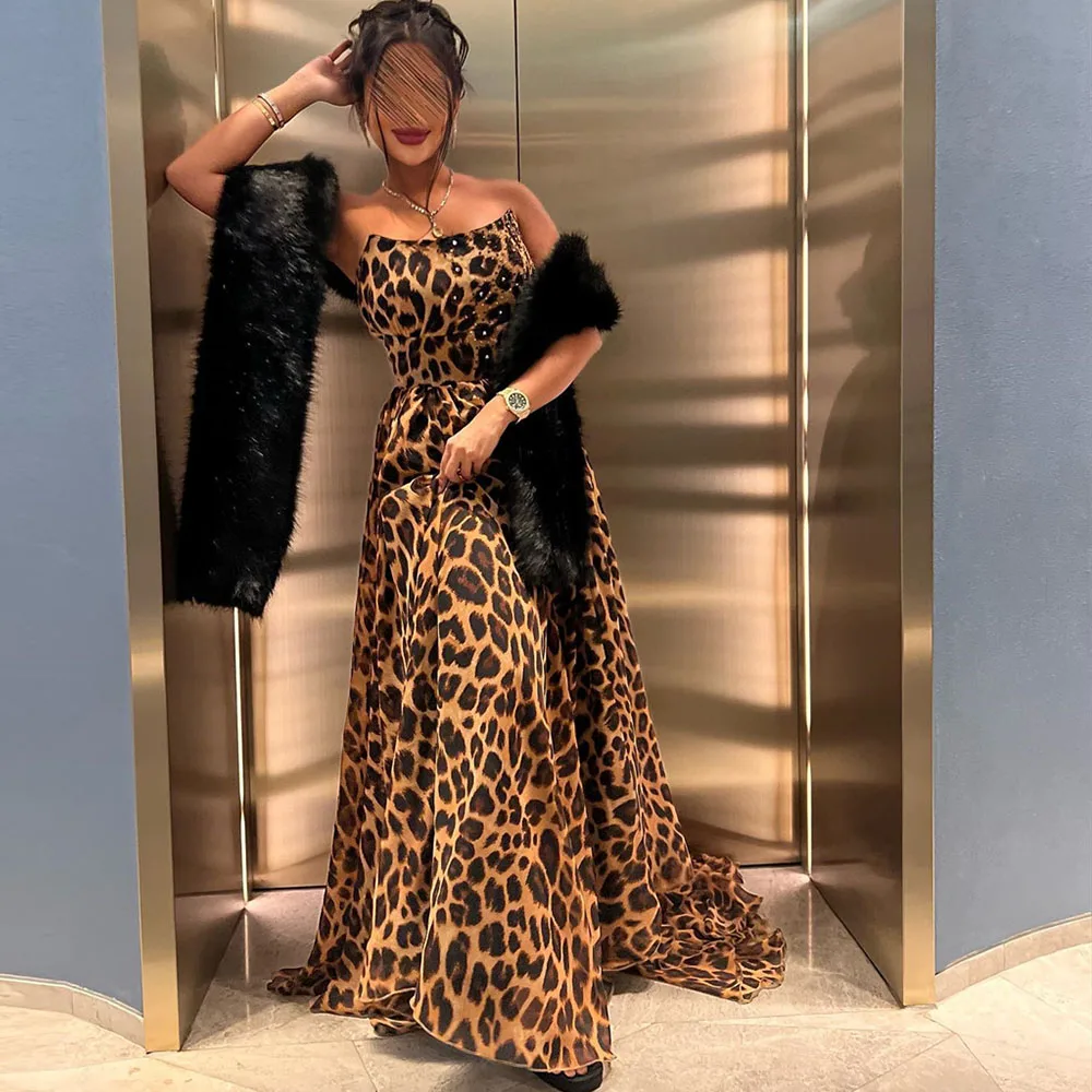 

Leopard-print Prom Gown Strapless A-line Sweep Train Party with Fur Shawl Backless Evening Dresses فساتين للحفلات الراقصة