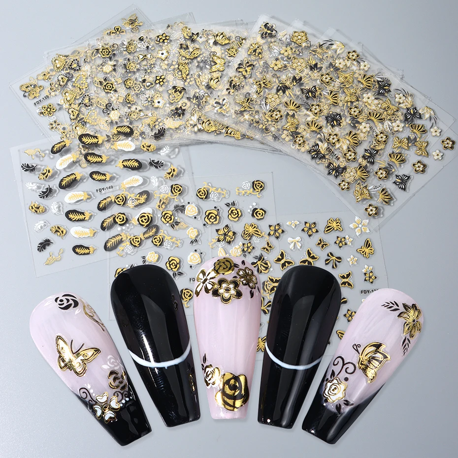 30pcs 3D Black Gold Nail Sticker Set Butterfly Flower Rose Love Feather 30pcs 3D Black Gold Nail Sticker Set Butterfly Flower Rose Love Feather