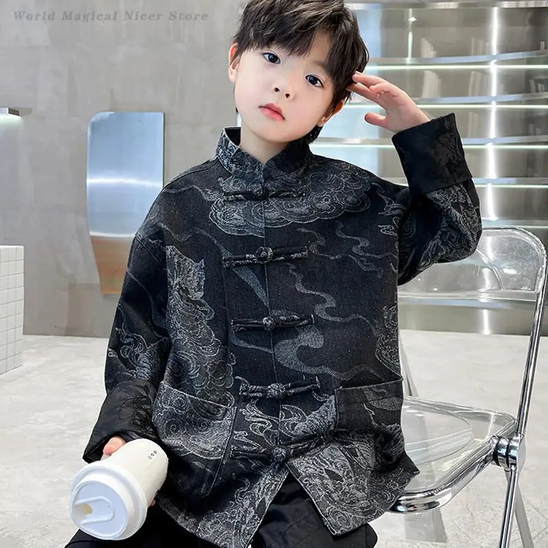 Boys Chinese Tang Costume Child Hanfu Coat Chinese Style Jacket Button Down Qipao Top Adult Shirt Kong Fu Clothing