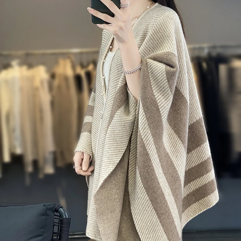 Merino Wool Shawl Knitted Temperament Outdoor Loose Striped Women's Clothes Autumn and Winter