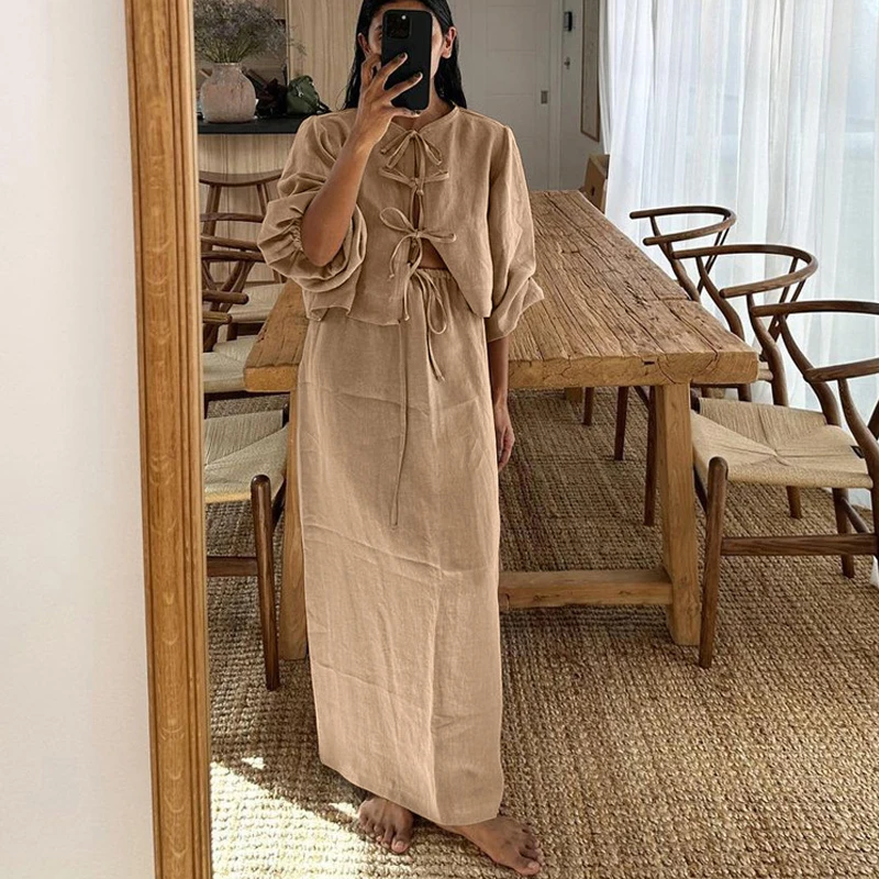 Casual Loose Khaki Cotton Linen 2 Piece Sets Women Vintage Puff Long Sleeve Lace-Up Shirt With High Waist Long Skirts Outfits