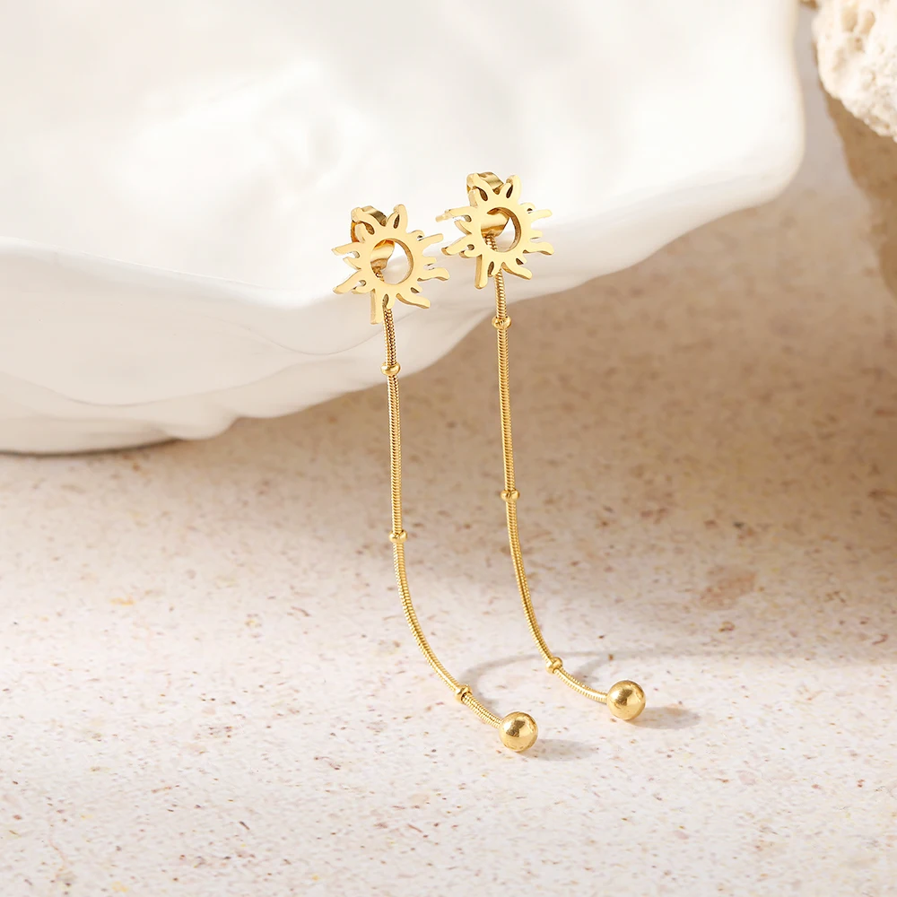 stud earrings long earrings Stainless Steel Classic Sun Totem Long Snake Beads Chain Stud Earrings For Women Jewelry Fashion Popular Friend Gifts