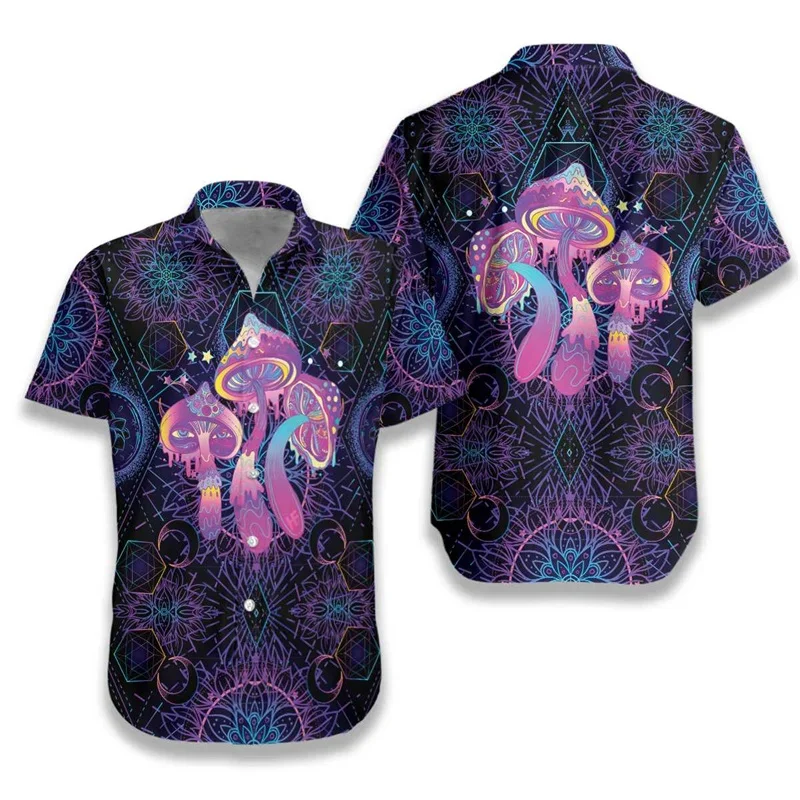 thumbnail image 1 of Camisa hawaiana con estampado 3D de hongos mágicos para hombre, blusa con patrón psicodélico de arcoíris, camisas hawaianas de manga corta con solapa suelta de verano, 1 of 4