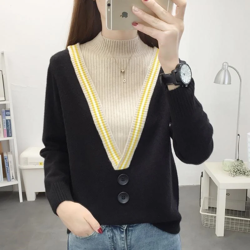 

New Korean Style Elegant Fake 2 Piece Half High Collar Knitwear Autumn Winter Women Casual Pullovers Knitted Sweater Jumper Tops