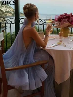 Costume élégant à ourlet à volants pour femmes, jupe plissée bleu clair, sans manches, gilet à lacets, jupe longue ample, tenue de printemps 2026 4