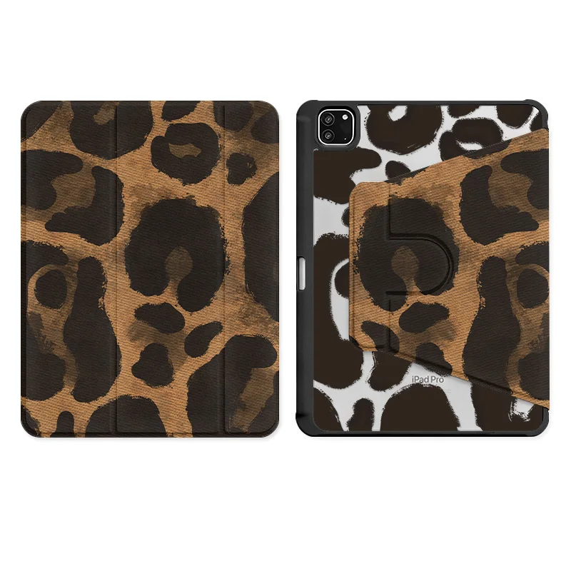 Denim Brown Leopard 360° Rotatable Tri-Fold Case with Pencil Slot and Auto Sleep/Wake Function