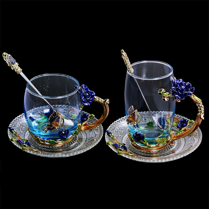 Blue Rose Enamel Crystal Cup Flower Tea Glass High Grade Glass Water Cup Flower Mug With Handgrip Perfect Gift For Lover Wedding Mugs Aliexpress